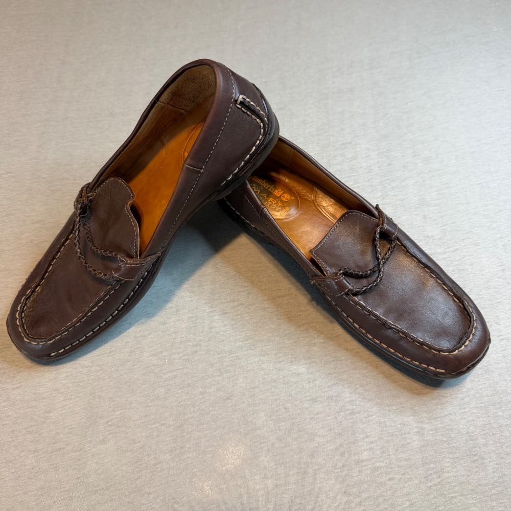 Timberland Smart Comfort Brown Leather Loafers Moc Toe Braided Slip On 8.5M